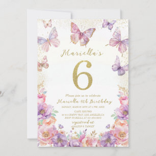 Invitation Élégant Papillon de Fête d'anniversaire de 6 ans F