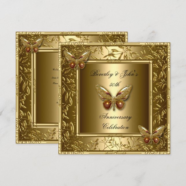 Invitation Élégant papillon d'or du 50e anniversaire du Maria (Devant / Derrière)