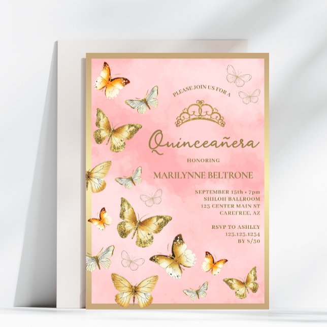 Invitation Elégant Papillon Or rose Quinceañera (Créateur téléchargé)
