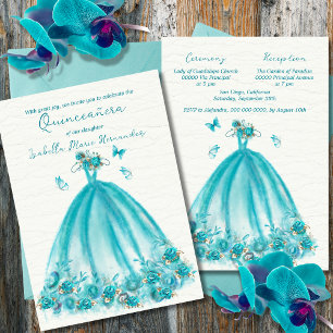 Invitation Élégant Papillons Floraux Turquoise Quinceañera