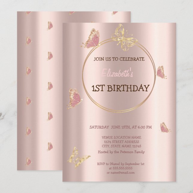 Invitation Elégant papillons Rose Gold Anniversaire (Devant / Derrière)