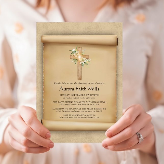 Invitation Elegant Parchment Cross Baptism  (Créateur téléchargé)