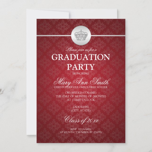 Invitation Élégant Parti de la graduation Rouge de la Couronn (Devant)