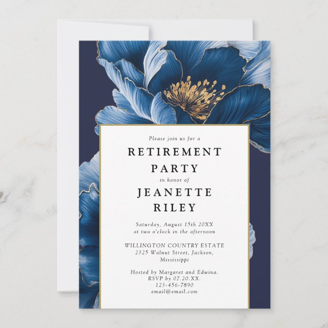 Invitation Élégant Parti de retraite floral bleu marine (Devant)