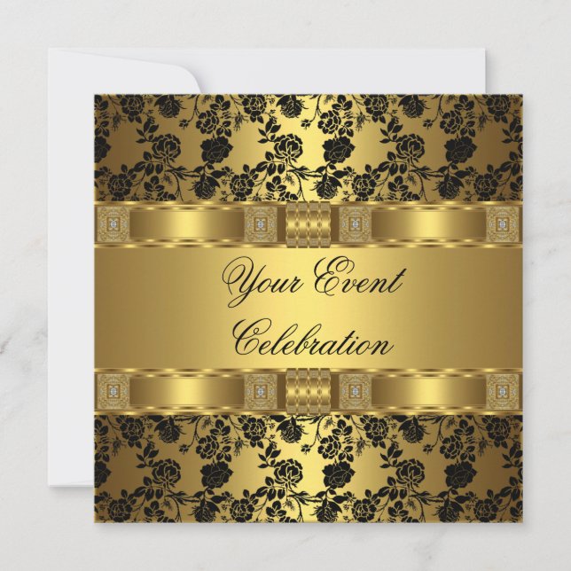 Invitation Élégant Parti Gold Black Floral (Devant)