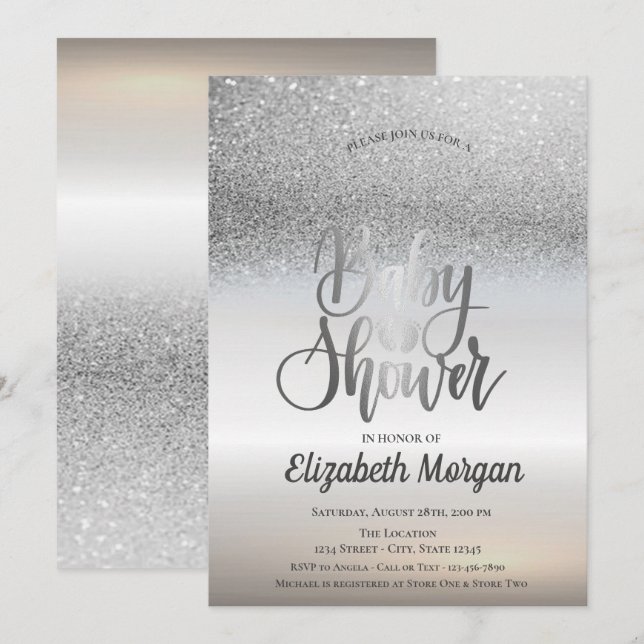 Invitation Elégant Parties scintillant Argent Baby shower Bok (Devant / Derrière)