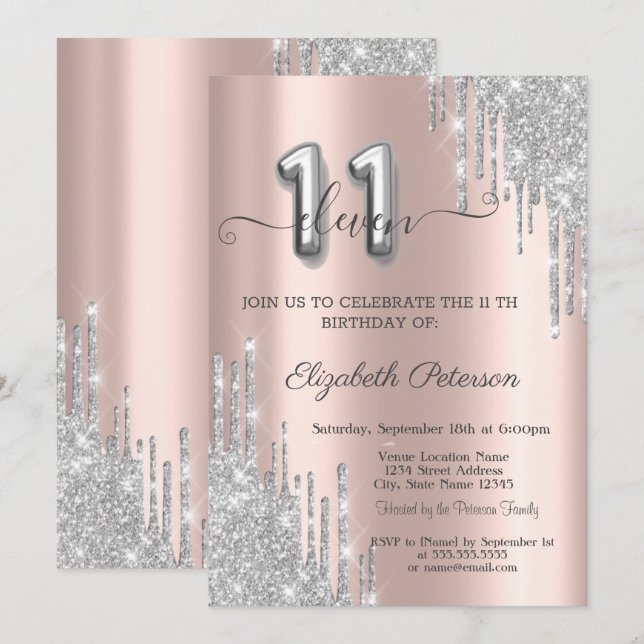 Invitation Elégant Parties scintillant Argent Rose Gold 11e (Devant / Derrière)