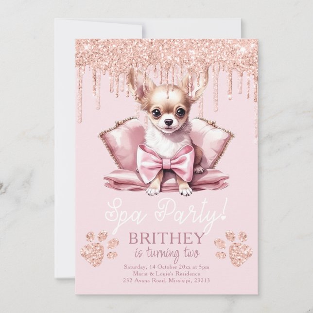 Invitation Elégant Parties scintillant de chien Spa Anniversa (Devant)