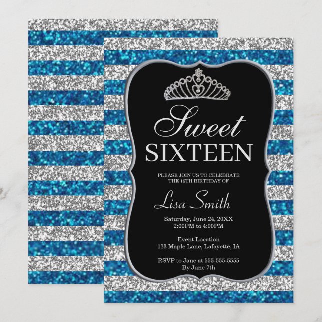 Invitation Elégant Parties scintillant en argent chic bleu Ti (Devant / Derrière)