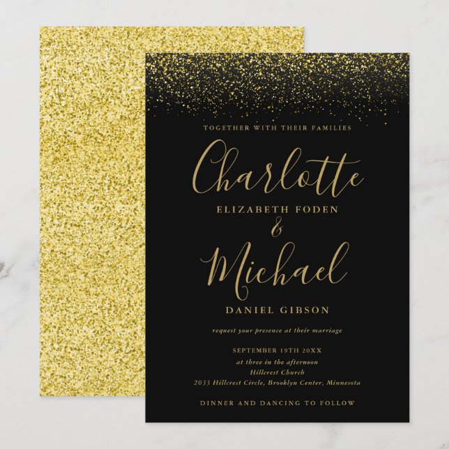 Invitation Élégant Parties scintillant Noir Et Or Chic Mariag (Devant / Derrière)