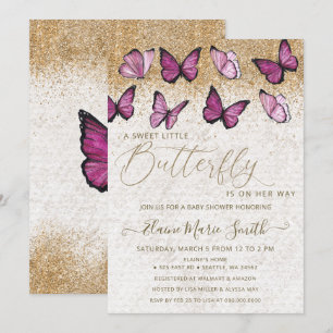 Invitation Élégant Parties scintillant or  rose papillon Baby