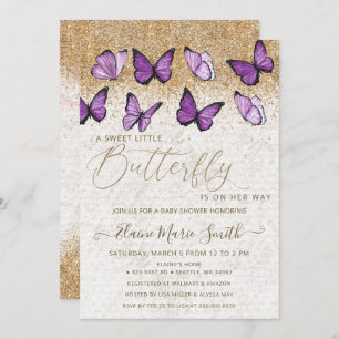 Invitation Elégant Parties scintillant or violet  papillon Ba