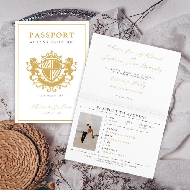 Invitation Elégant Passeport Blanc & Or Destination Mariage (Créateur téléchargé)