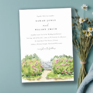 Invitation Elégant Pastel Aquarelle Cottage Jardin Mariage