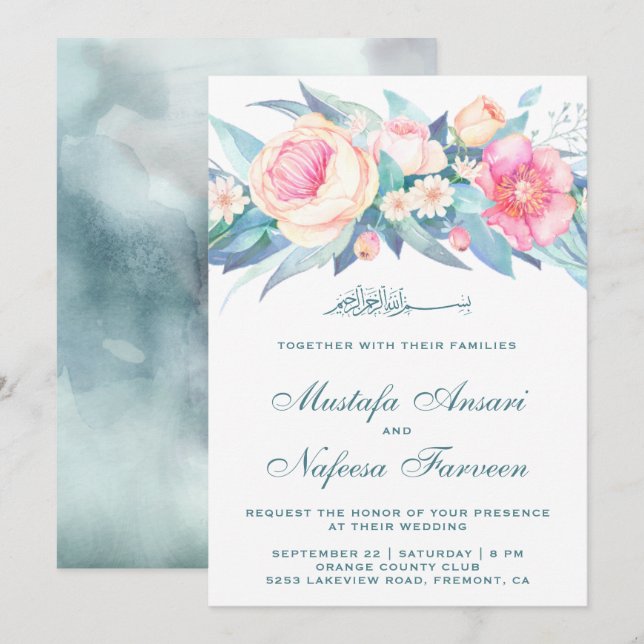 Invitation Elégant Pastel Aquarelle Floral Mariage islamique (Devant / Derrière)