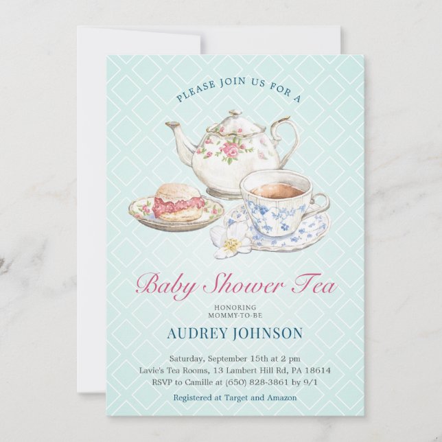 Invitation Elégant Pastel Baby shower bleu Thé Floral Teapot (Devant)