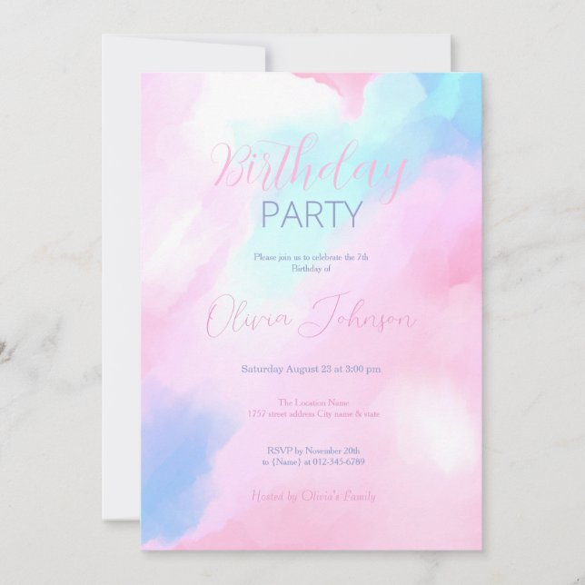 Invitation Elégant Pastel bleu rose aquarelle peinture (Devant)