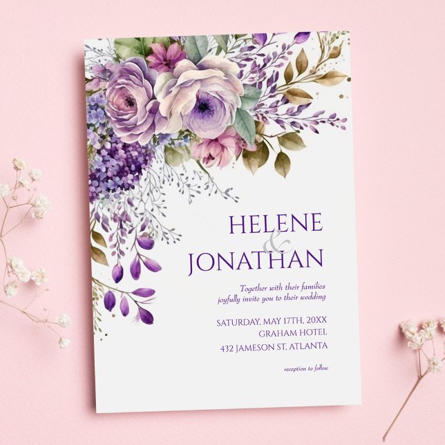 Invitation Elégant Pastel Floral Aquarelle violet Mariage (Créateur téléchargé)
