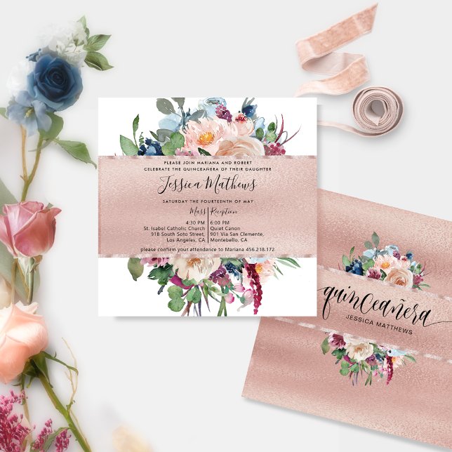 Invitation Elégant Pastel Floral et Rose Gold Quinceañera (Créateur téléchargé)