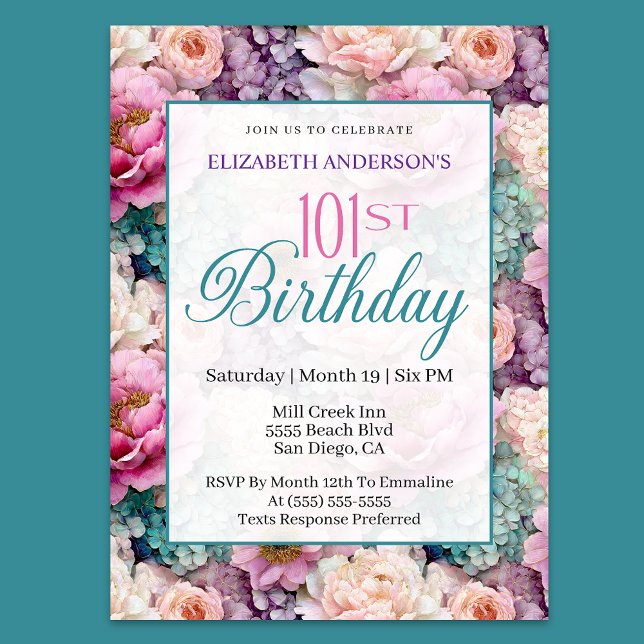 Invitation Elegant Pastel Floral Garden 101st Birthday (Créateur téléchargé)