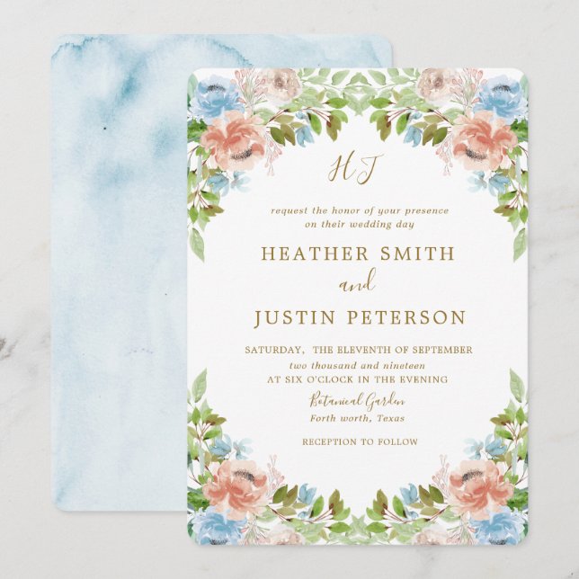 Invitation Elégant Pastel Garden Blue Watercolor Mariage (Devant / Derrière)