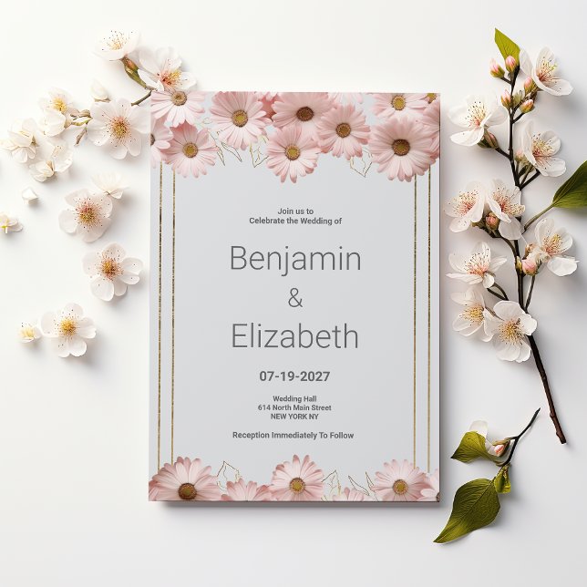 Invitation Elégant pastel gris rose doré marguerite Mariage (Elegant pastel gray pink gold daisy floral Wedding )