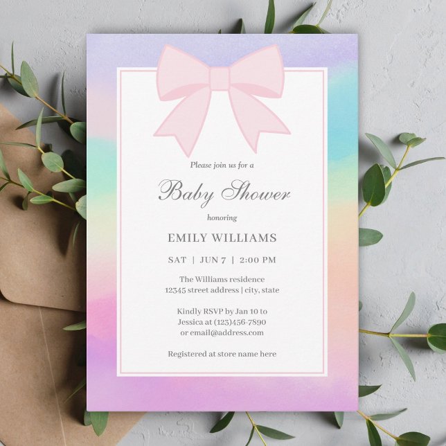 Invitation Elégant Pastel Pastel Rose Bow Girl Baby shower (Créateur téléchargé)