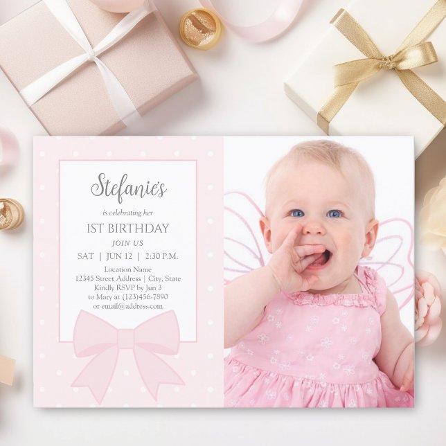 Invitation Elégant Pastel Pink Bow première photo d'anniversa (Créateur téléchargé)