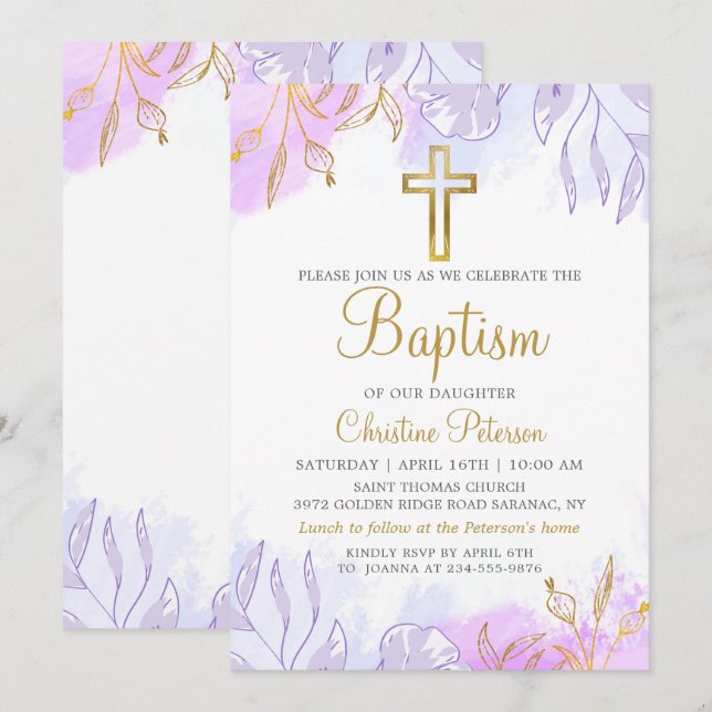 Invitation Élégant Pastel Purple Or Floral Girl Baptême (Devant / Derrière)