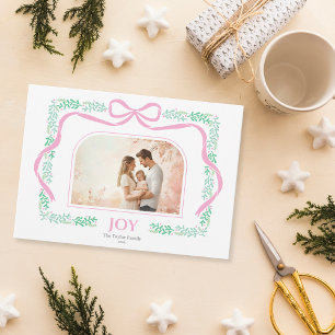 Invitation Elégant Pastel Rose Bow Joie de Noël Cadre photo