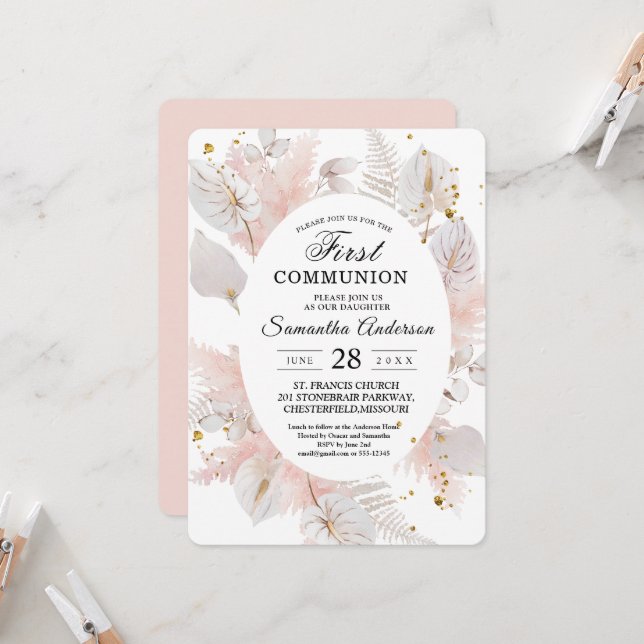 Invitation Elégant Pastel Rose Floral Frame & Gold Drops (Devant/Arrière en situation)