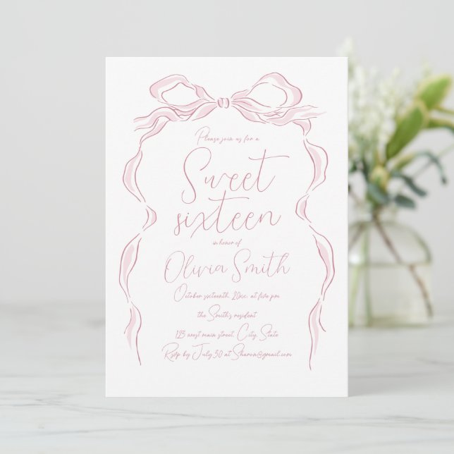 Invitation Élégant Pastel rose main tiré Sweet sixteen de Bow (Debout devant)