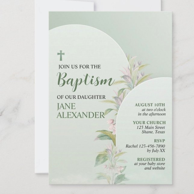 Invitation Élégant Pastel Vert Floral Baptême (Créateur téléchargé)