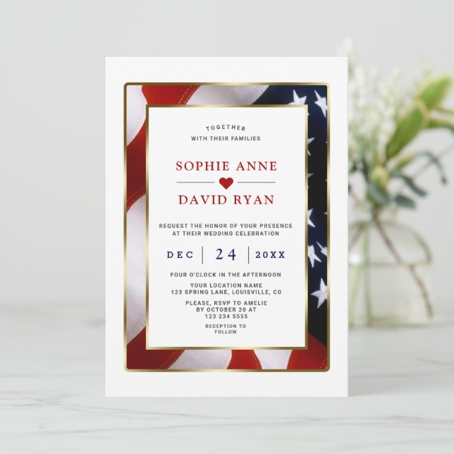 Invitation Élégant Patriotique Militaire Or USA Mariage du dr (Debout devant)