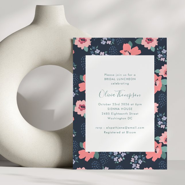 Invitation Élégant Pays Bleu Marine Floral Bridal Luncheon (Créateur téléchargé)
