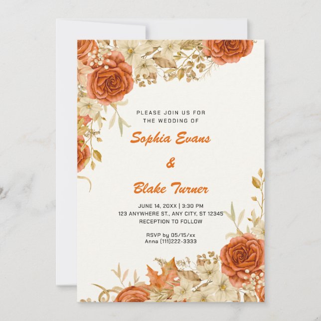 Invitation Elégant Pays Orange Rose Mariage de crème blanche (Devant)