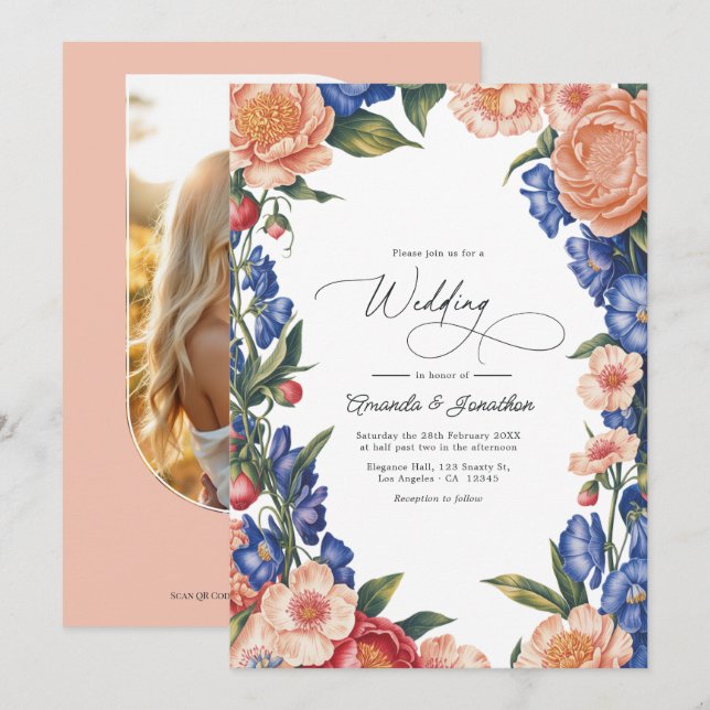 Invitation Elegant Peach and Blue Floral Wedding QR Code (Devant / Derrière)