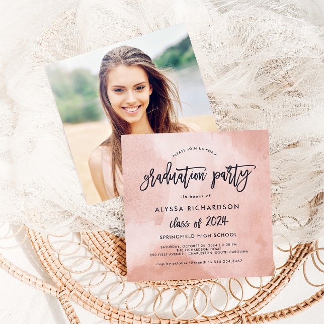Invitation Elégant Peach Aquarelle 2024 Grad Party | Photo (Créateur téléchargé)