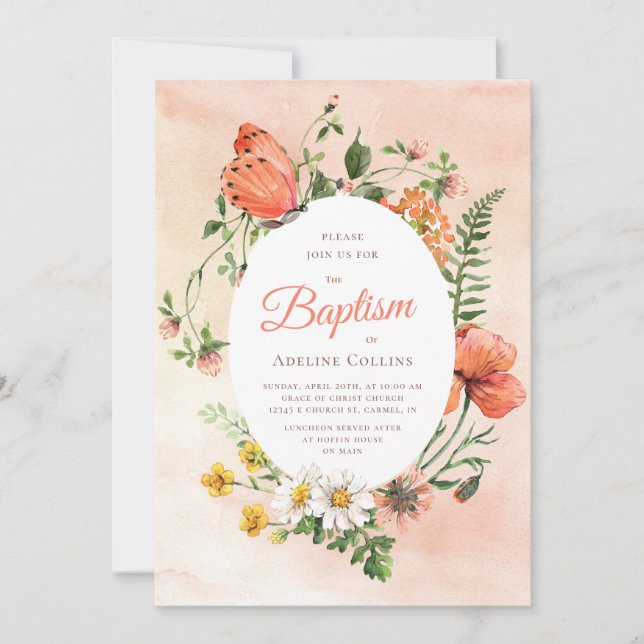 Invitation Elégant Peach Aquarelle Baptême Floral (Devant)