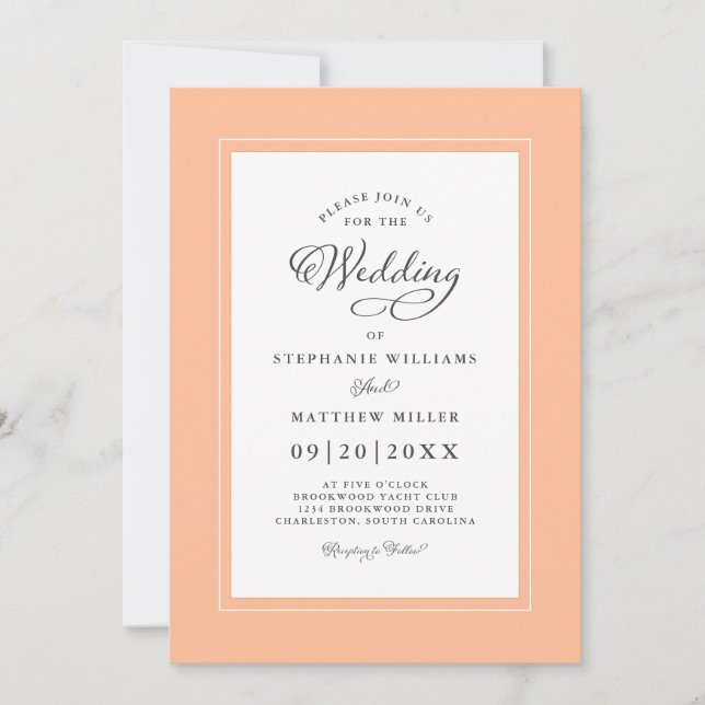 Invitation Élégant Peach Chic Moderne Calligraphie Mariage (Devant)