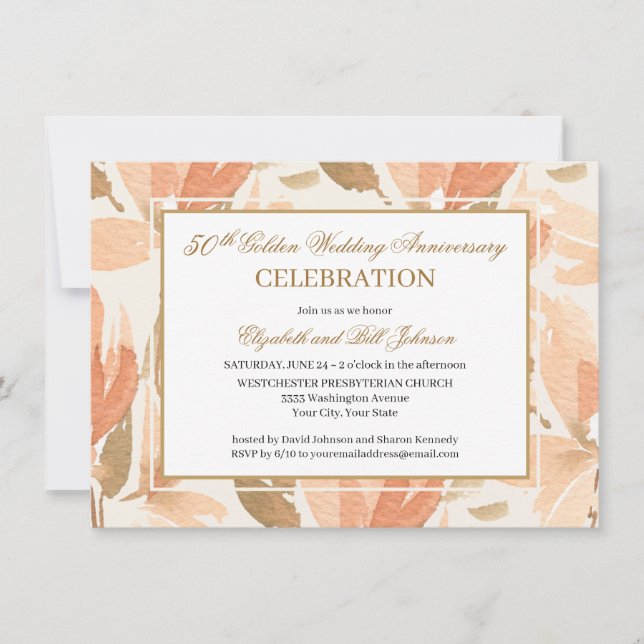 Invitation Elégant Peach Gold Cream 50ème anniversaire Mariag (Devant)