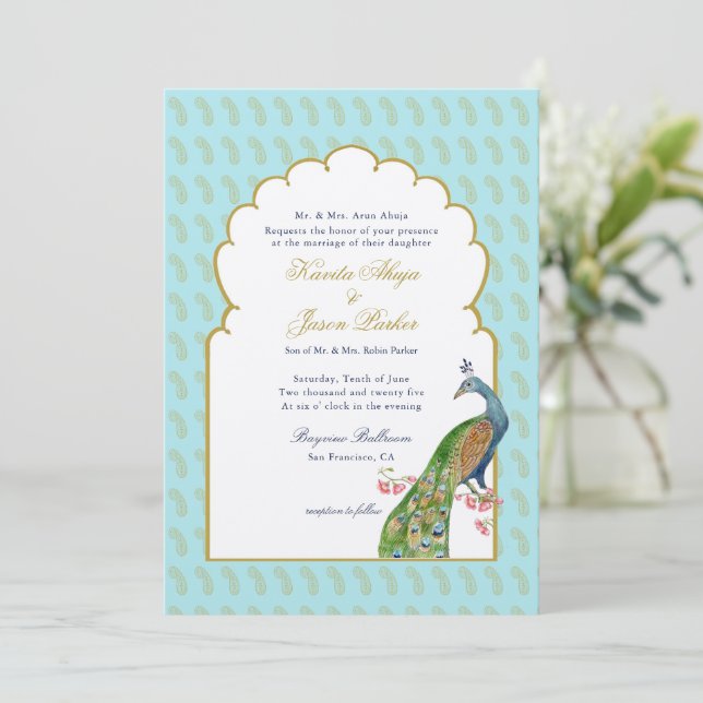 Invitation Elégant Peacock Aqua & or Mariage indien (Debout devant)