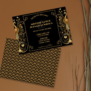 Invitation Elégant Peacock Art Déco Noir et Or Vintage