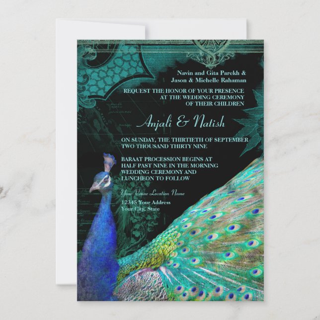 Invitation Elégant Peacock avec Vintage Scrolls Mariage indie (Devant)