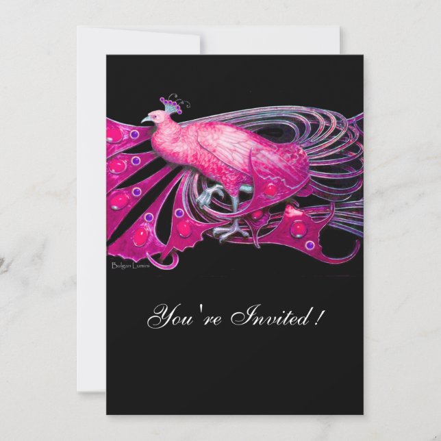 INVITATION ELÉGANT PEACOCK EN FUCHSIA, ROSE ET NOIR (Devant)