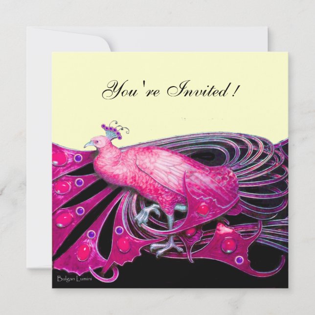 INVITATION ELÉGANT PEACOCK EN FUCHSIA, ROSE, NOIR ET OR (Devant)
