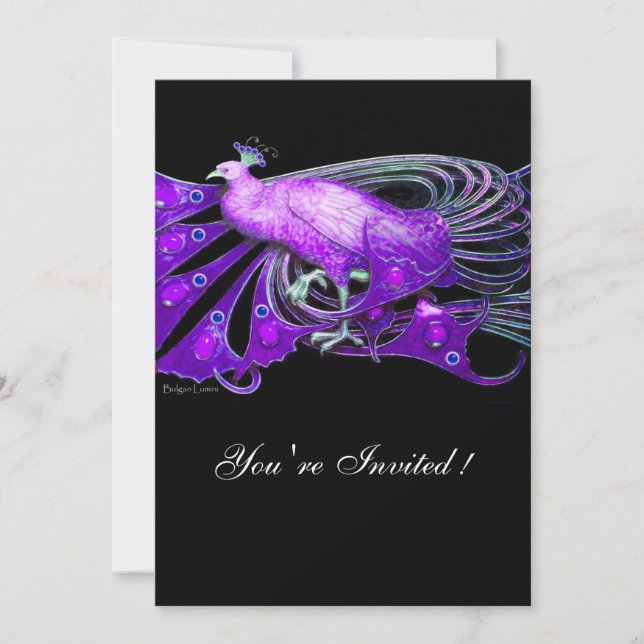 INVITATION ELÉGANT PEACOCK EN PURPLE, FÊTE DE MARIAGE NOIR (Devant)
