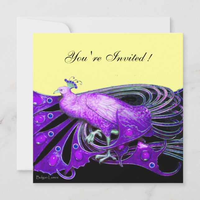 INVITATION ÉLÉGANT PEACOCK EN PURPLE NOIR ET JAUNE D'OR (Devant)