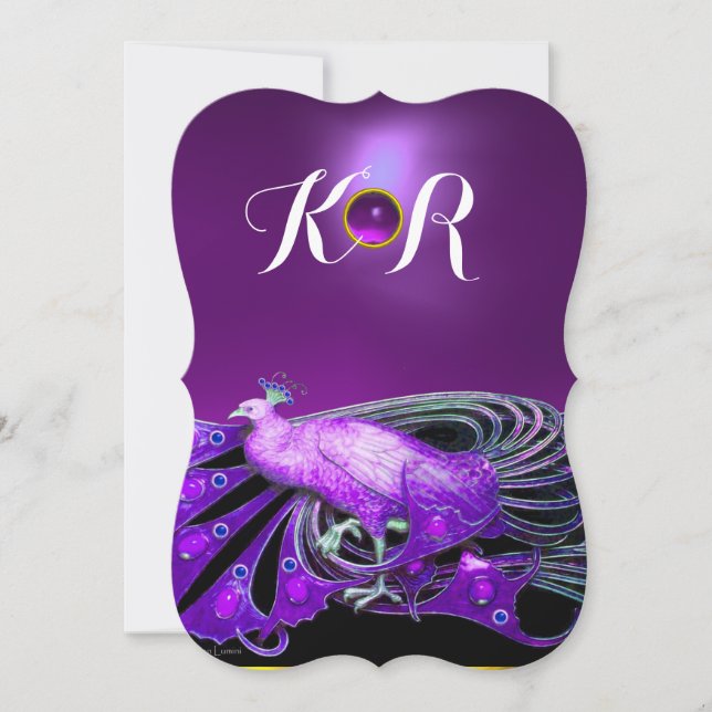 INVITATION ÉLÉGANT PEACOCK EN PURPLE, NOIR MONOGRAM MARIAGE (Devant)