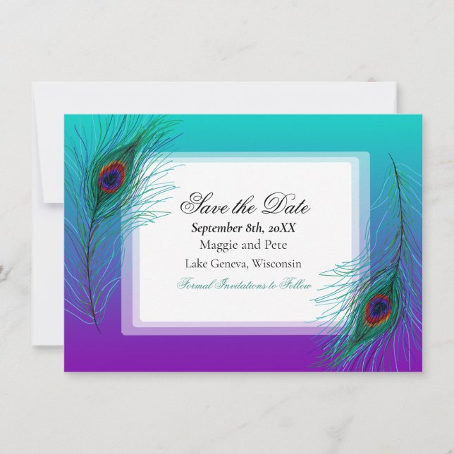 Invitation Elégant Peacock Feather Elégant Enregistrer la dat (Devant)